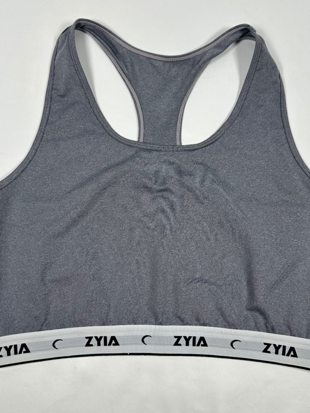 Zyia Active Comfort Racer Sports Bra Low-Med Impact Heather Gray White Logo